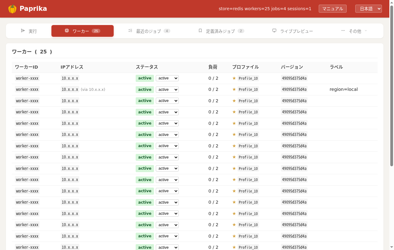 ワーカー一覧（ID・IP は伏字）